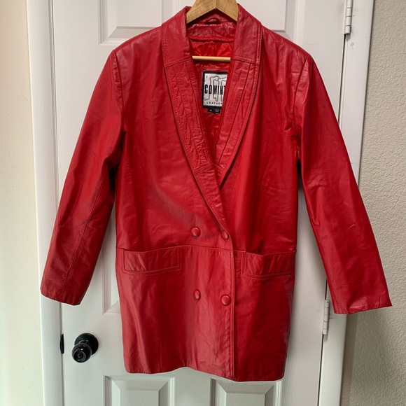 COMINT Womens single breasted red leather jacket blaser VINTAGE M - Picture 2 of 10